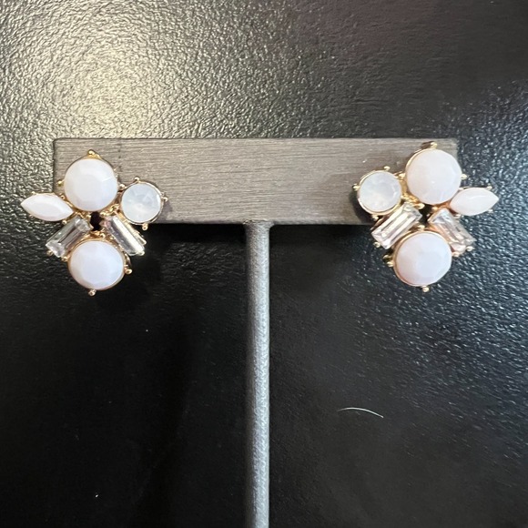 Jewelry - Gold Tone White Cluster Statement Post Earrings Clear Baguette Stones